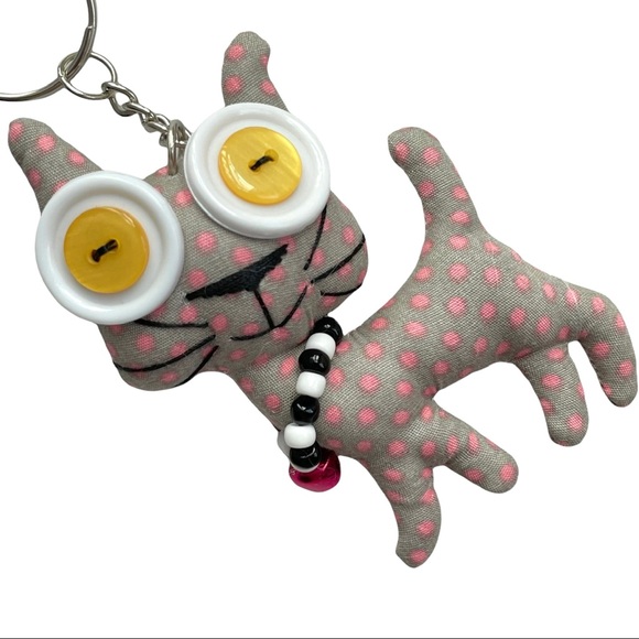 Handmade Gray & Pink Polka Dot Kitty Cat Keychain Purse Charm - Picture 2 of 6